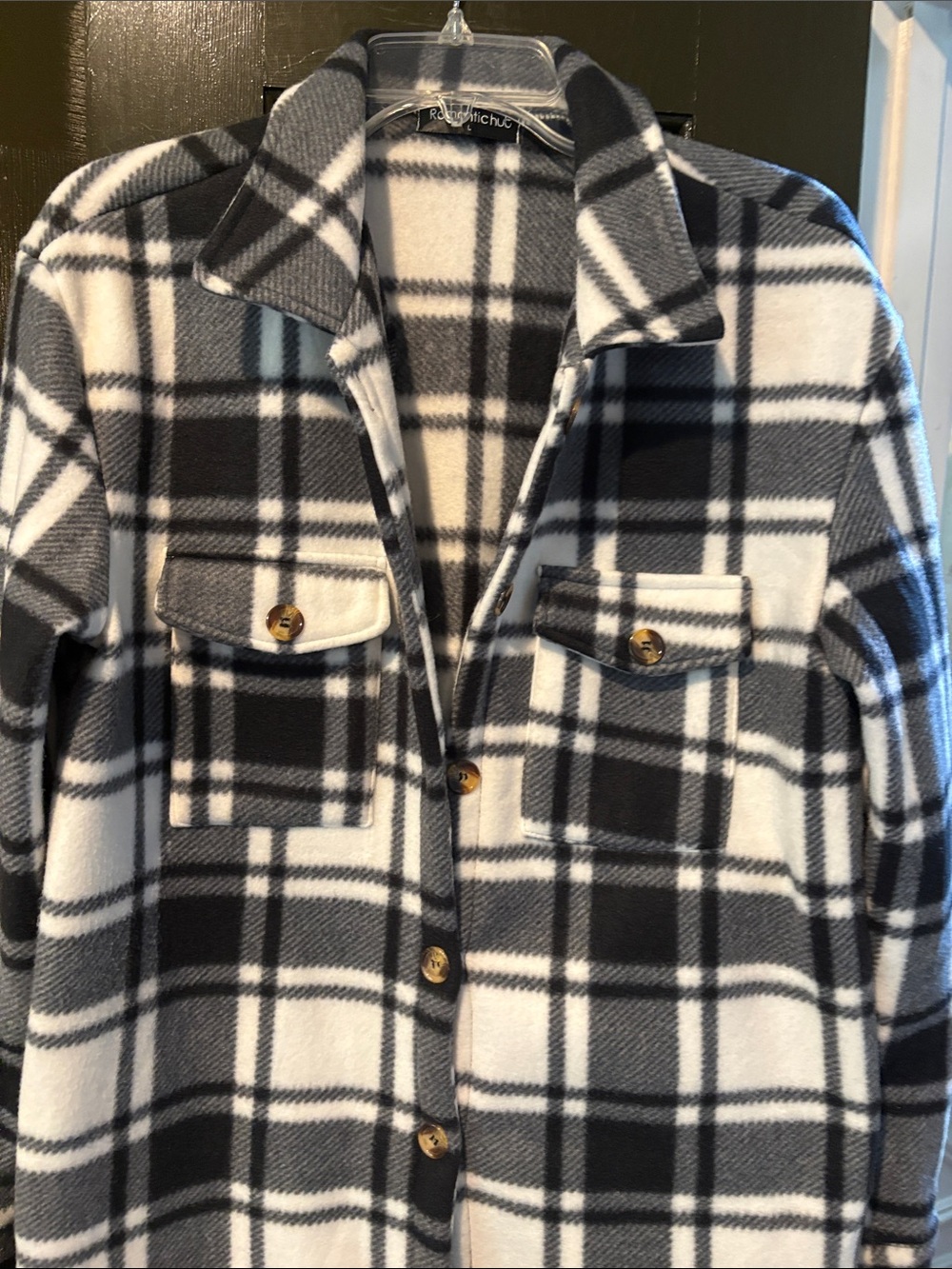 Plaid Button-Front Shacket Coat - Black & White - Picture 3 of 8